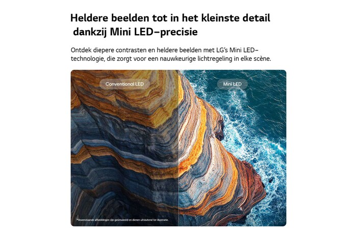 Een LG QNED AI QNED70 Mini LED laat zien, in een scène met een klif aan de kust, hoe de Mini LED-technologie scherpere rotsstructuren en duidelijkere details van de oceaan laat zien dan gewone LED’s. Dit zorgt voor diepere zwarttinten en een verfijnder contrast waardoor alles meer helderheid en diepte krijgt.